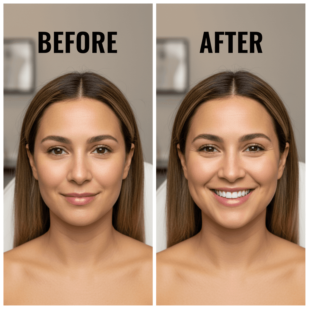 Woman smiling before and after dermal filler treatment showing enhanced cheekbones and natural volume