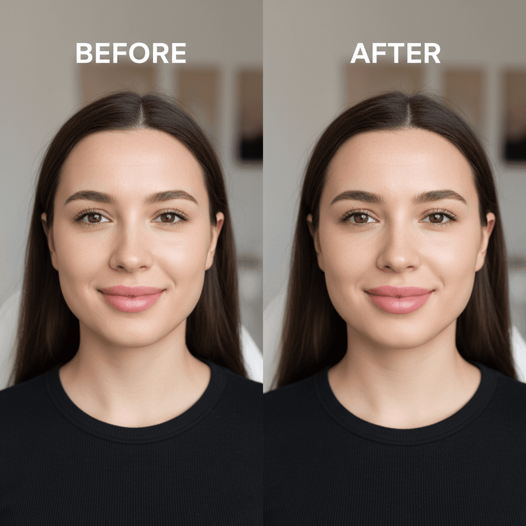 Woman smiling before and after dermal filler treatment showing fuller lips with natural appearance